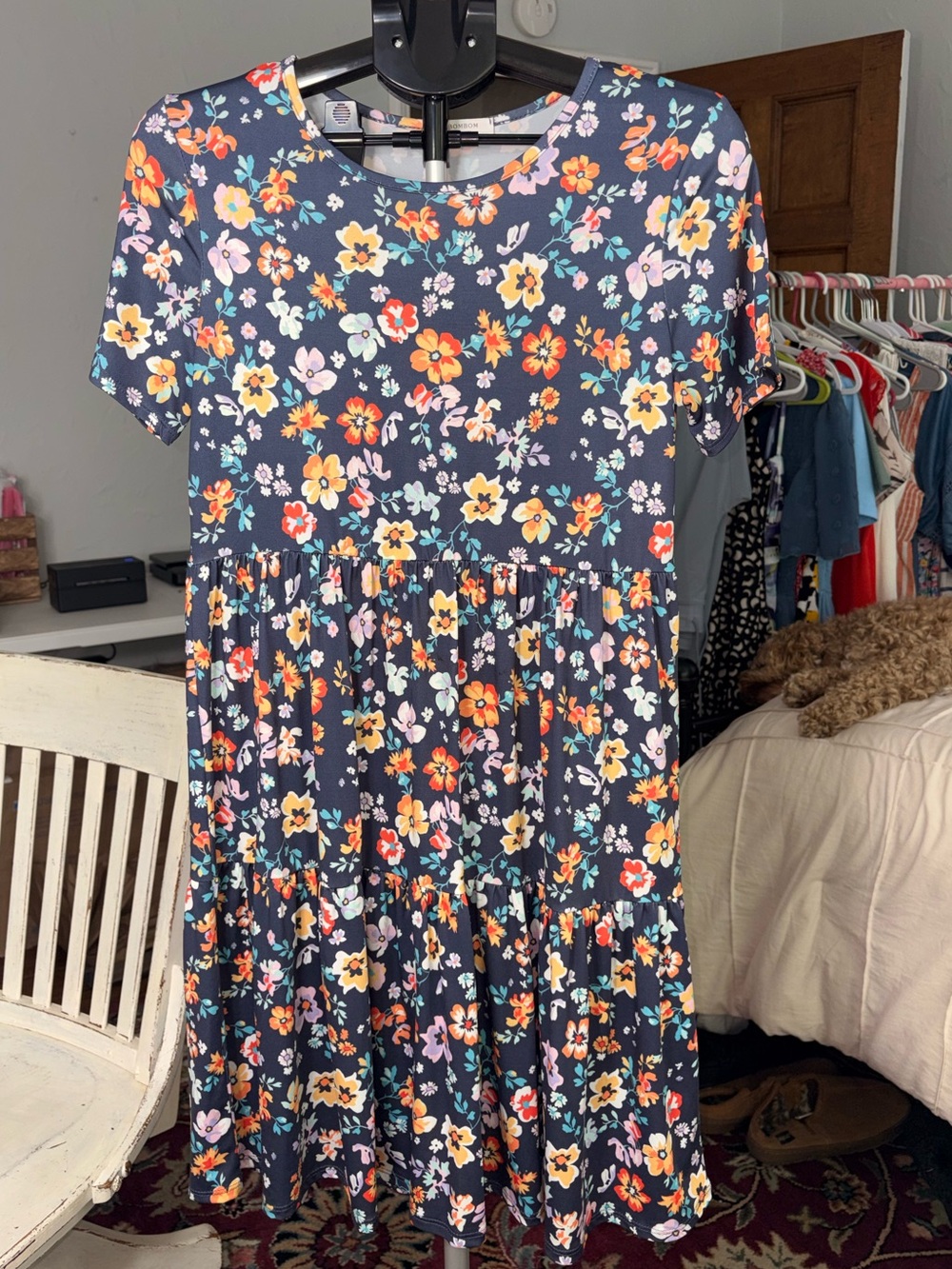BOMBOM Floral Babydoll Tiered Dress Navy Boho Cottagecore Medium